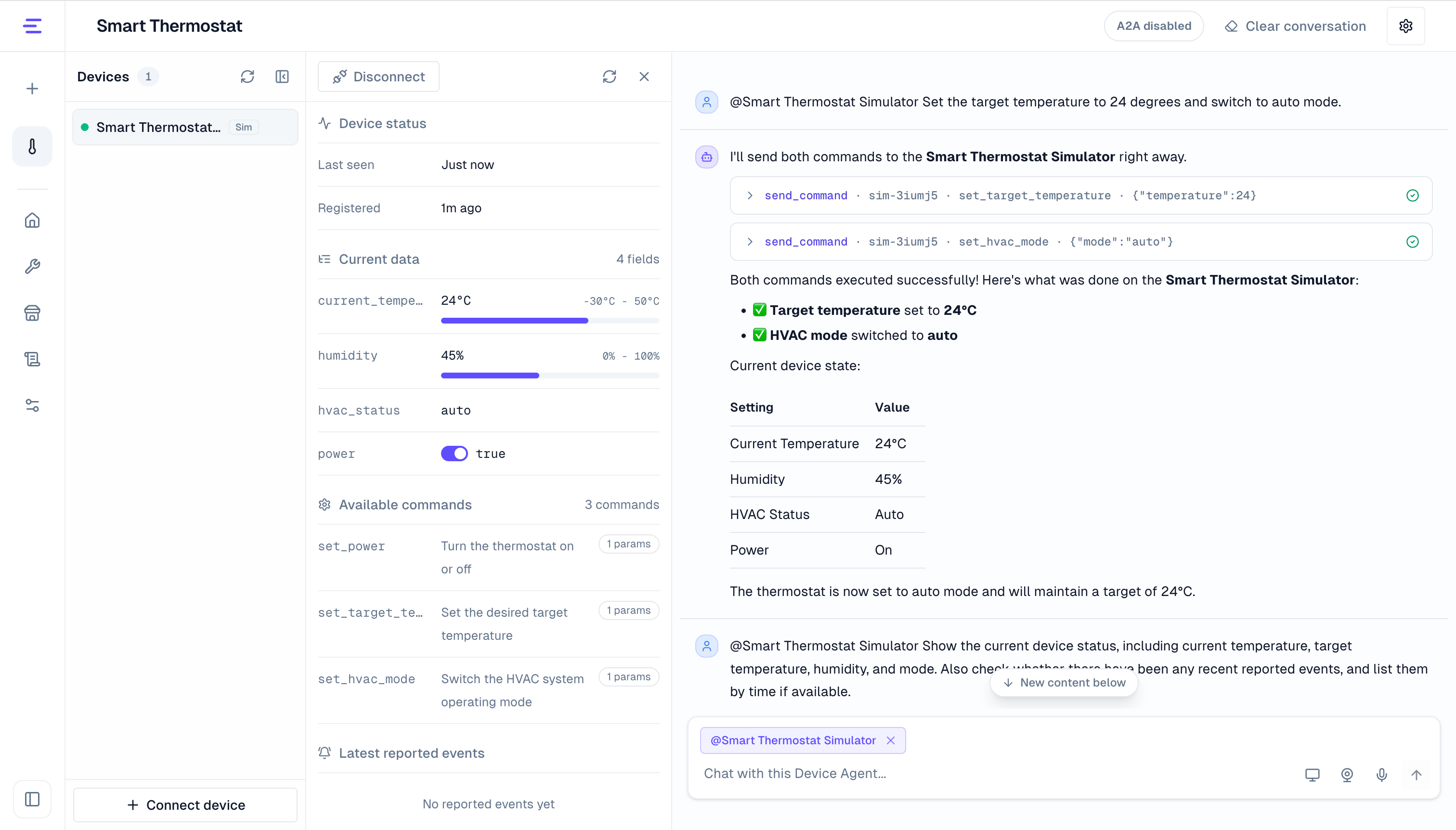 Device Agent console: chatting with the agent to set the thermostat to 24°C and auto mode, with the live device status panel updating